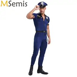 Mens Police Uniform Cosplay Costumes Front Zipper Role Play Jumpsuit Hat Belt Manacles Badge 7-Piece Dirty Cop Officer Costumes