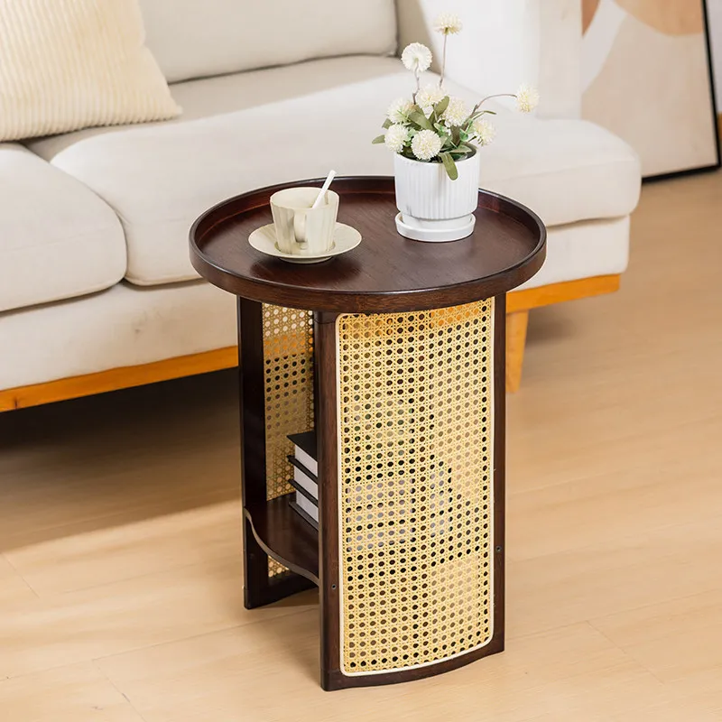 Modern Minimalist Rattan Side Table, Round Two-Tier Coffee Table & Balcony Shelf, Boho Woven Accent & Creative Decor Piece
