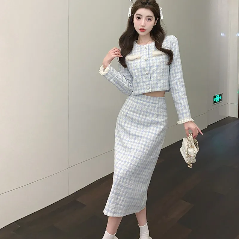 Retro Temperament Small Fragrant Womens Blue Plaid Tweed Long Sleeve Crop Top+High Waist Midi Skirts Woman Clothes 2 Pieces Set