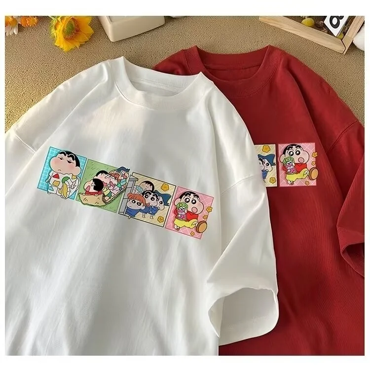 Crayon Shin Chan Family & Friends Grid Print T Shirt Men Women Oversized Cute Cartoon Short Sleeve Casual Tee