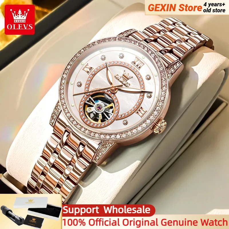 

OLEVS 7036 Automatic Mechanical Watch for Ladies Diamond Dial Flywheel Design TOP Brand Elegant Women's Watches NEW Trend