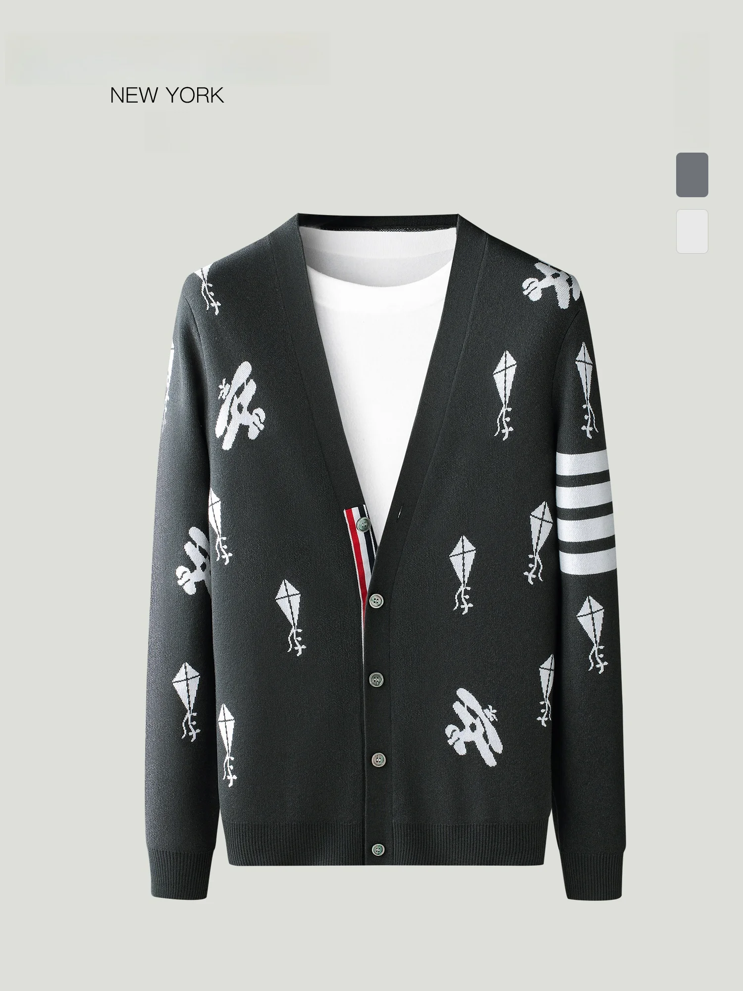 

THOM BEAUN Men's Casual V-Ne Knitted Sweater Four Stripe Autumn Versatile Outerwear round Sve Length Other Sle Other