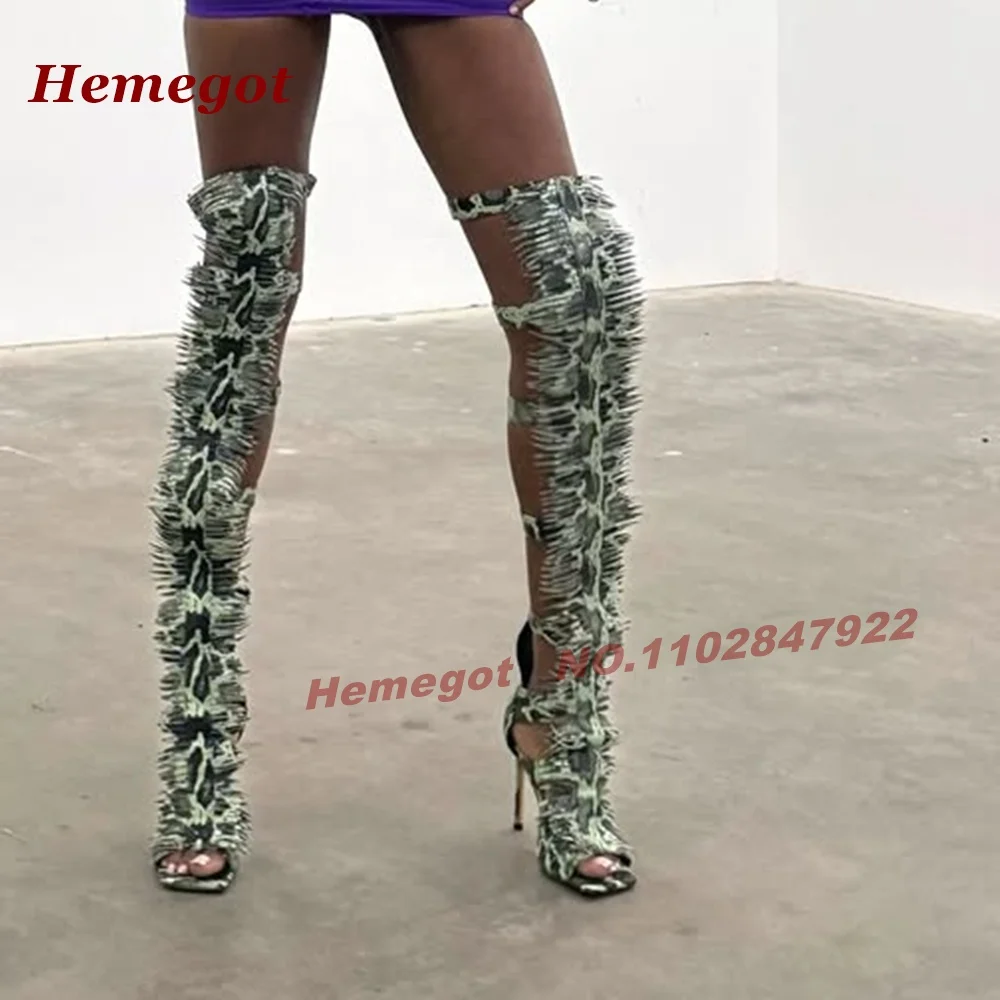 Snake Print Over‑The‑Knee Sandal Boots Fringe Raw Edge Multiple Buckle Straps Open Toe Stiletto Heel Punk Goth Heeled Booties