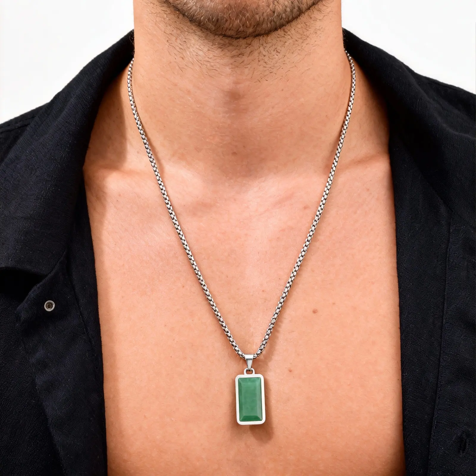 

Vnox Stainless Steel Green Natural Stone Necklace for Men Boys, Geometry Square Pendant with Box Chain Necklaces Jewelry Gift
