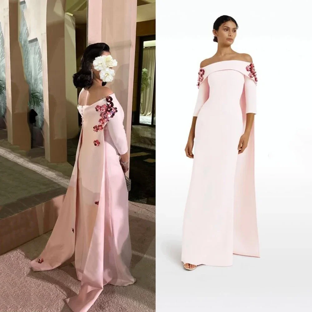 

Customized Pink Jersey Boat Neck Flower Simple Evening Dresses With Sweep Train Half Sleeves Floor Length A-line Pageant Gowns