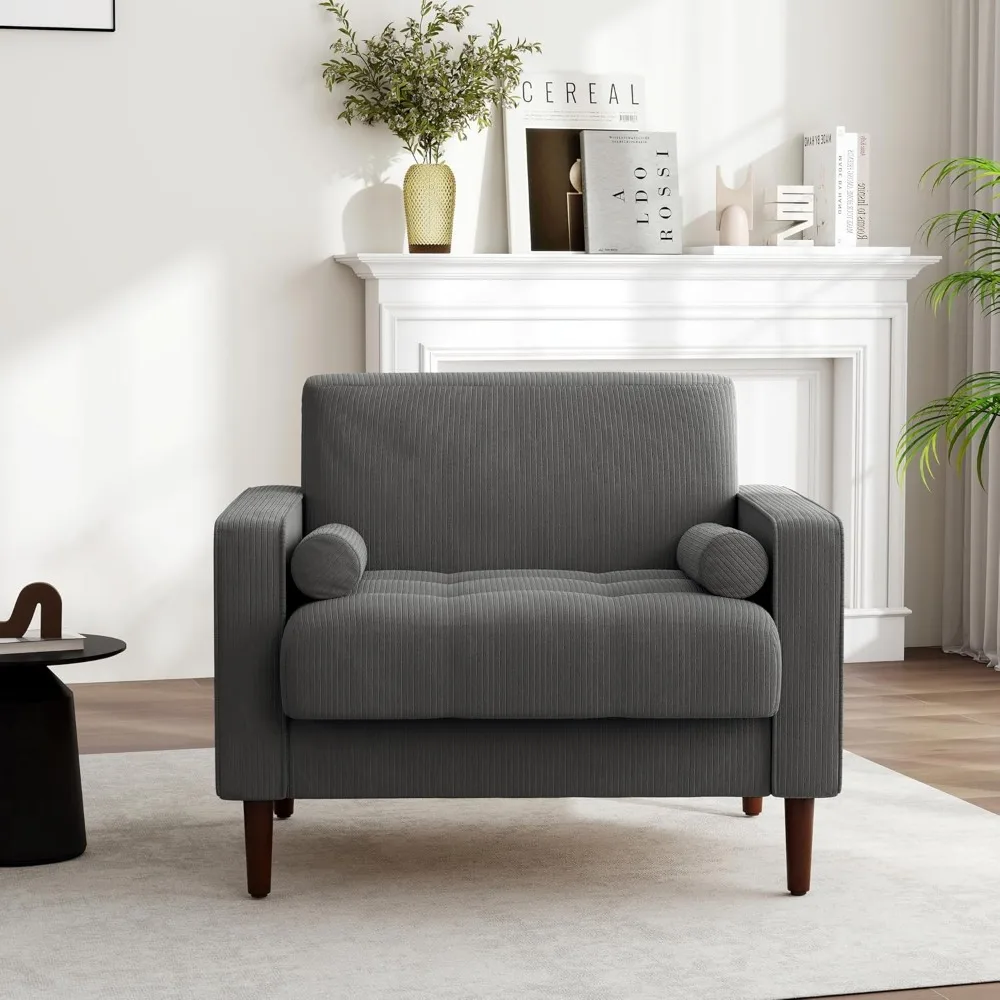 Comfy Armchair Mid-Century Track Armrest Single Sofa Bedroom Rea，Accent Chair, Corduroy Upholstered Arm Chairs for Living Room