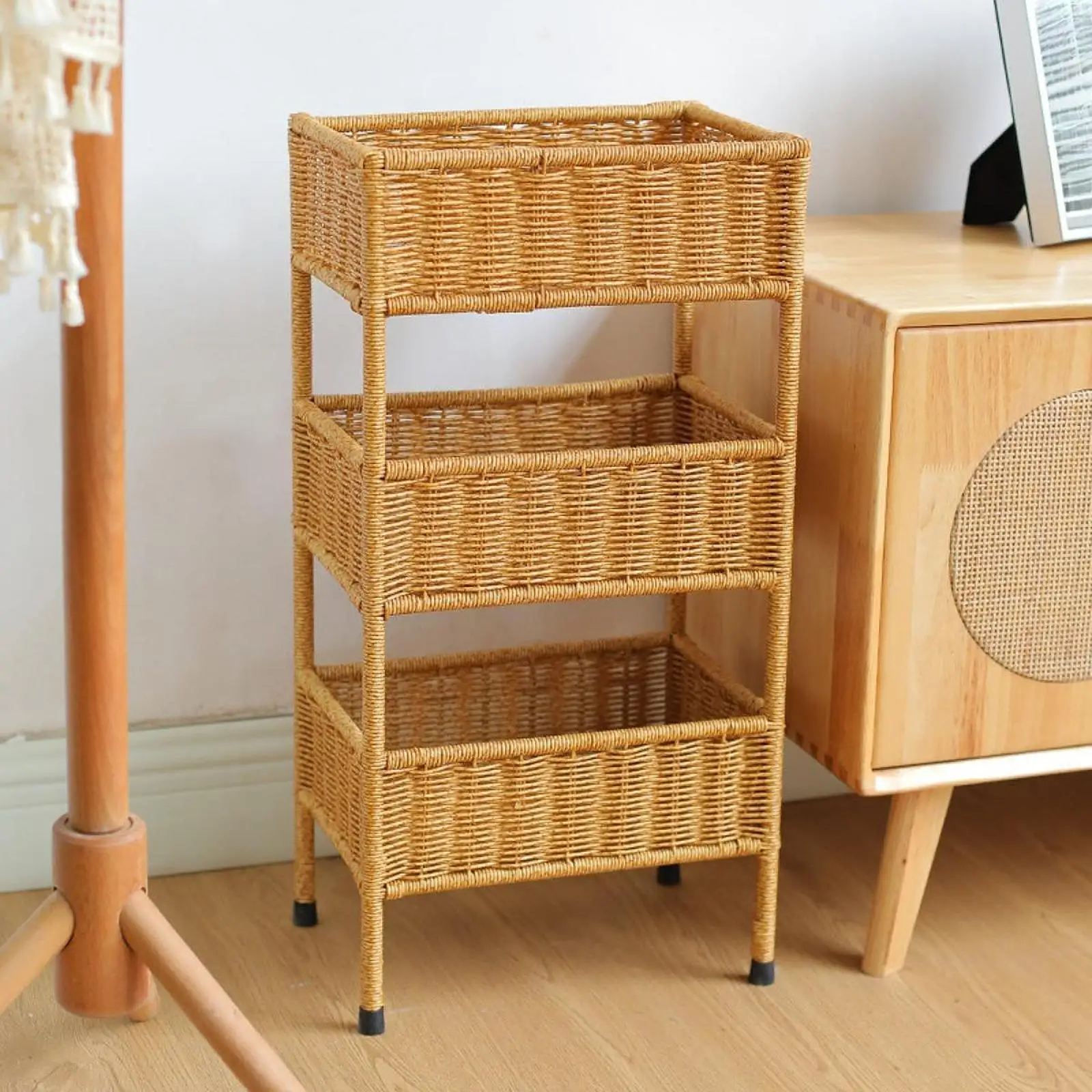 Three Layered Imitation Rattan Basket Rack Utensils Rack for Living Room