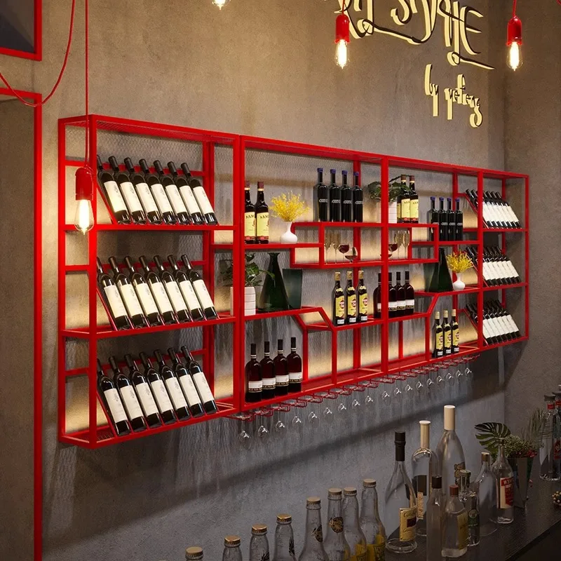 Wrought iron bar wine rack, wall display cabinet, wine cabinet storage rack, restaurant clear bar, wall-mounted Internet