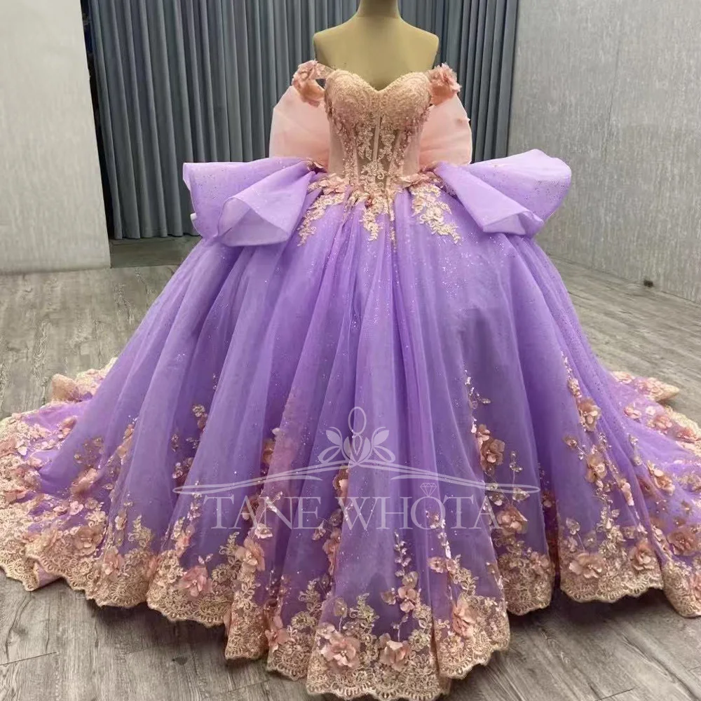 Lilac Girls 15 Quinceanera Ball Gown Dress Purple Sweetheart Off Shoulder Lace Up Back Embroidered Beaded Sequined Appliques