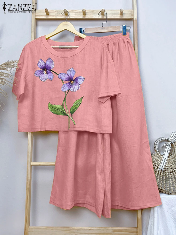 

2025 ZANZEA Summer Elegant Short Sleeve Blouse Work Pant Sets 2pcs Printed Tracksuits Women Matching Sets Casual Trousers Suit