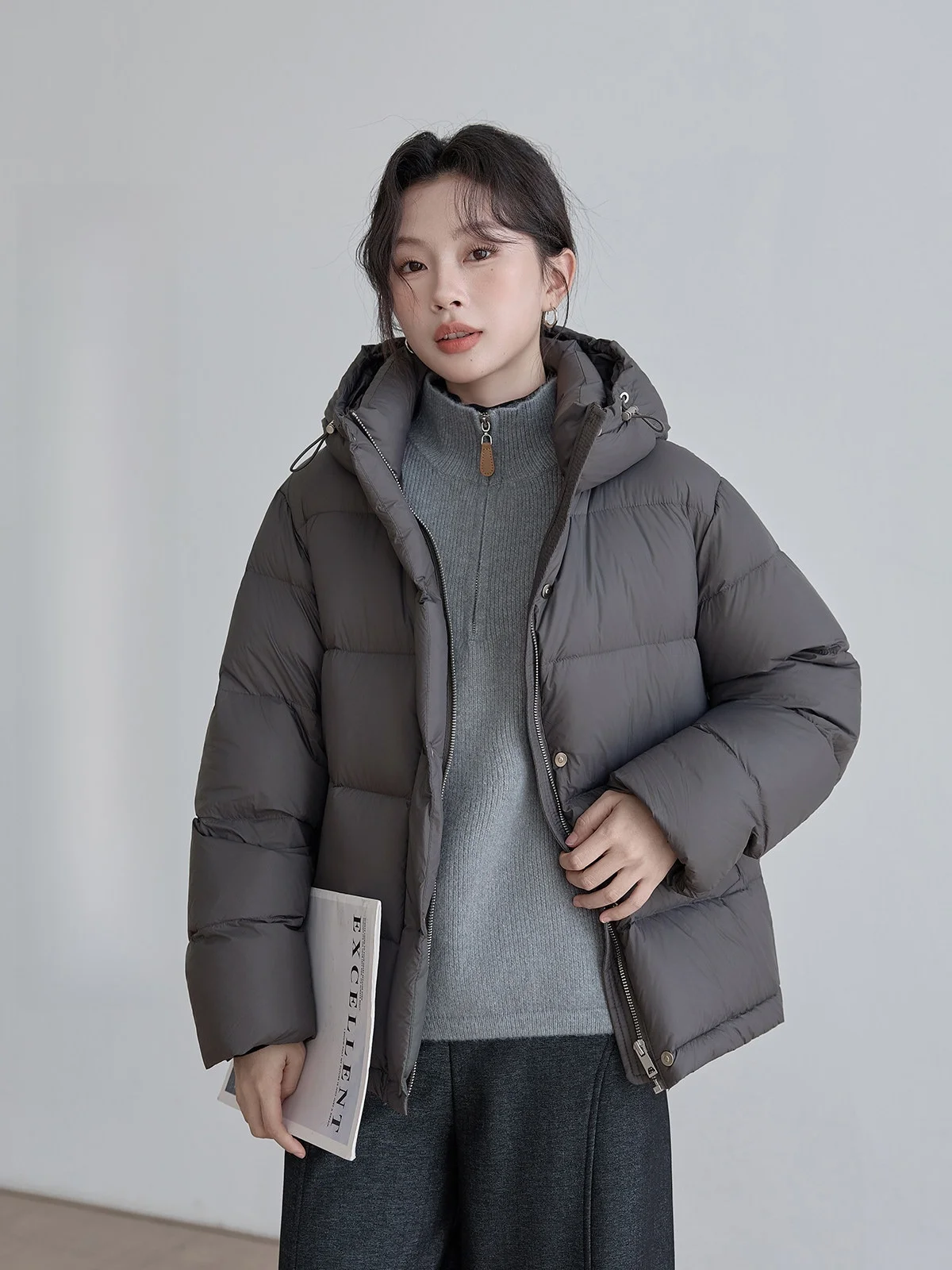 

HuiXi Deep ey Women's down Jaet Du down Hooded Coat Warm Versatile Winter New Sle Commute Sle Korean Loose Fit