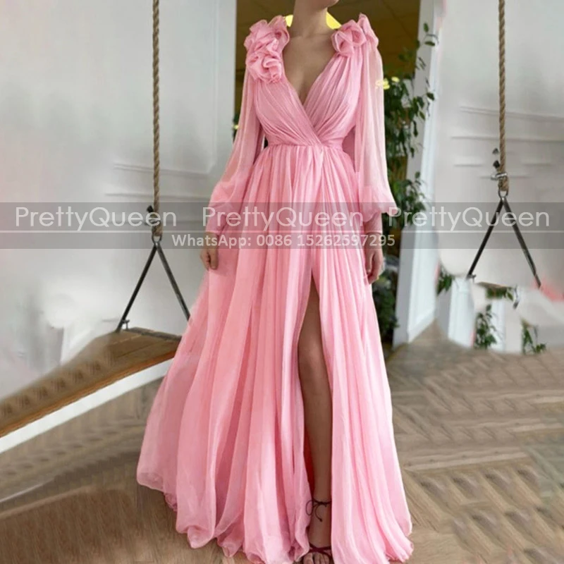 Pink Long Sleeves Mother of the Bride Dresses A Line Customized Side Side Slit Ruffles Deep V Neck Prom Dres Party For Women