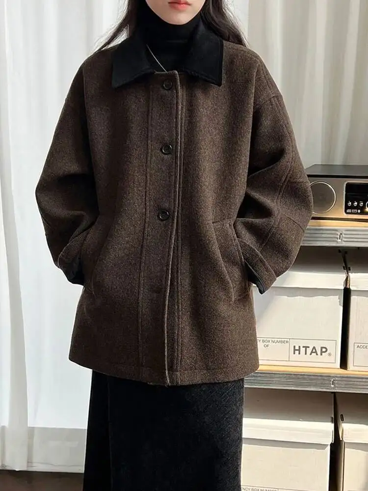 

Gray Vintage Big Size Casual Woolen Coat New Lapel Long Sleeve Women Jacket Fashion Tide Autumn Winter