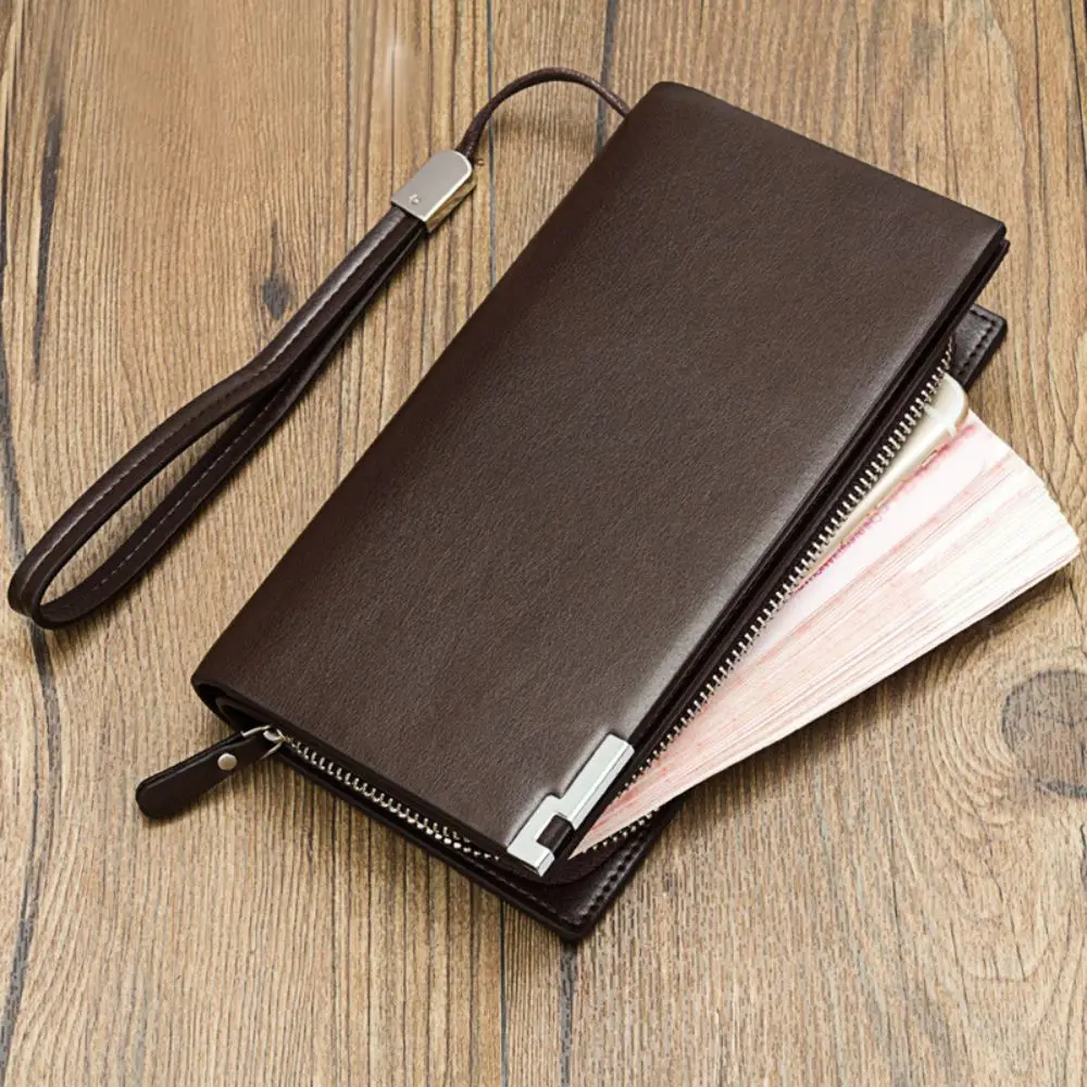 Casual PU Long Men Wallets Large Capacity Multi-function Card Holder with Zipper Solid Color Male Purse
