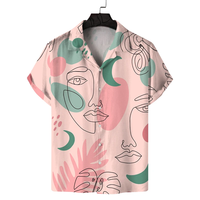 

Men's summer Cuban collar short-sleeved shirt with face line prints, artistic style, casual, comfortable and versatile