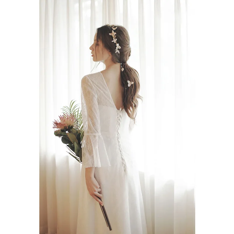 2023 boot Neck Braut Kleider Lange Ärmeln Korea Satin Spitze Hochzeit Kleid Foto-Schießen Tour Robe De Mariée Auch brautkleid