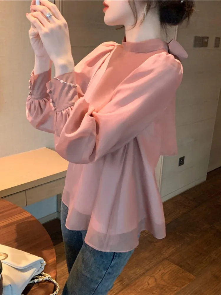 ربيع جديد الحلو الجنية مثل عقدة الشيفون الدانتيل أعلى المرأة لطيف Sle فقاعة Sve بلوزة جميلة تماما #1