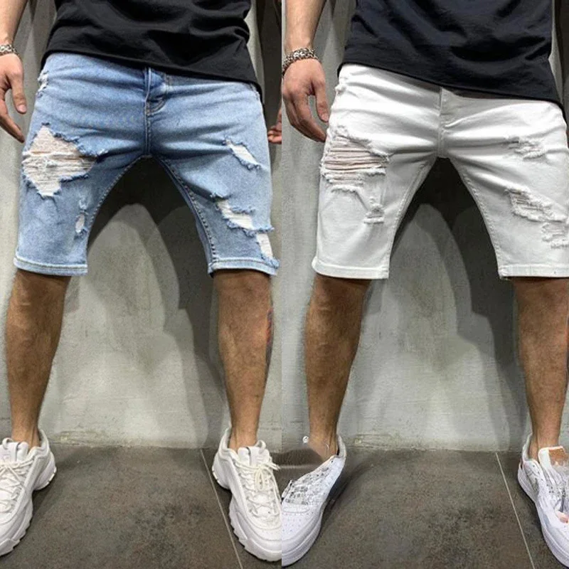 High-Streets Summer Ripped Jeans Skinny Denim Shorts for Men with Distressed Ripped Cat Whiskers Hip Hop Streetwear Short Pants