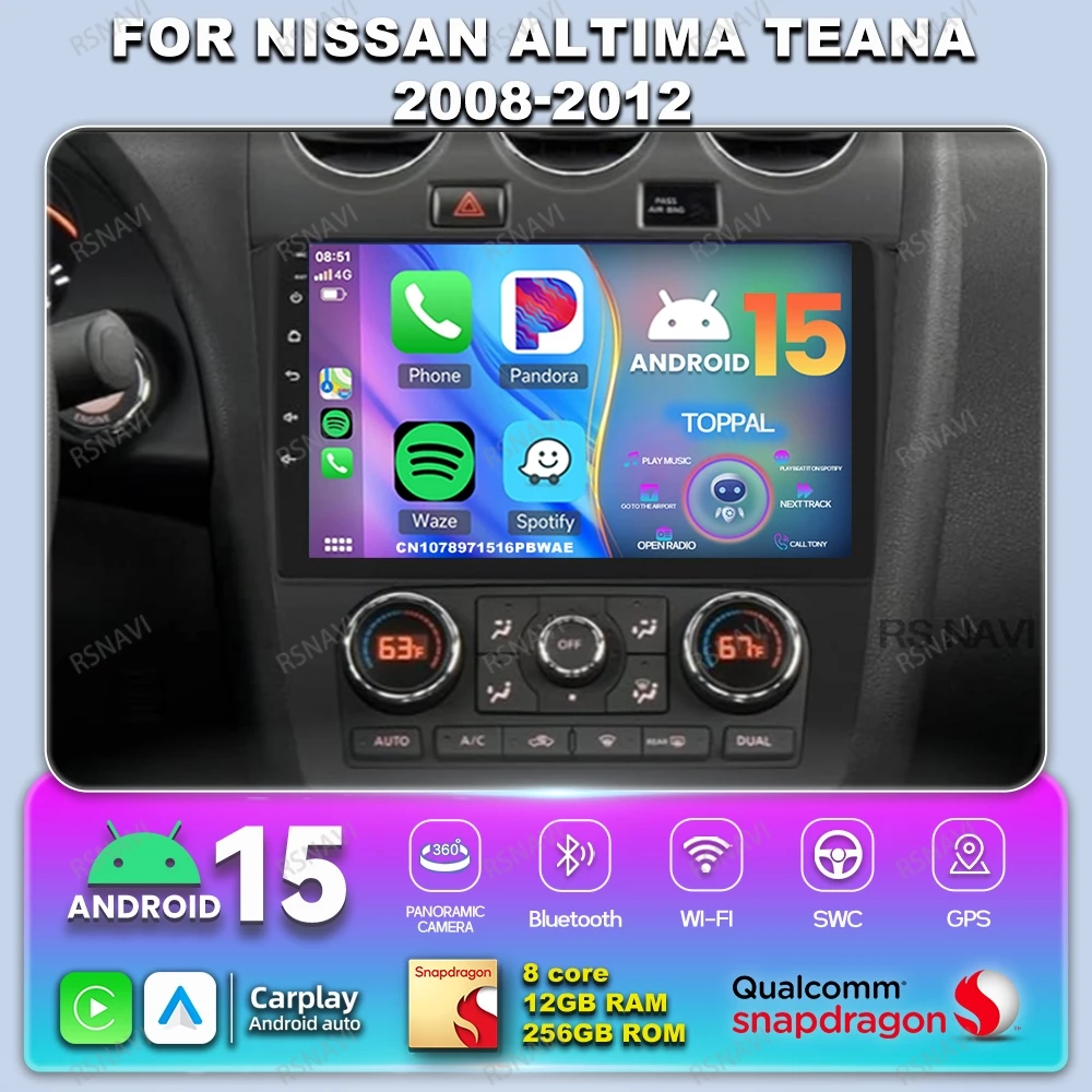 

Автомобильный радиоприемник Android 14 для Nissan Altima Teana 2008-2012 9/10 дюймов QLED 360 с камерой DSP DVD головное устройство Qualcomm Snapdragon RDS BT