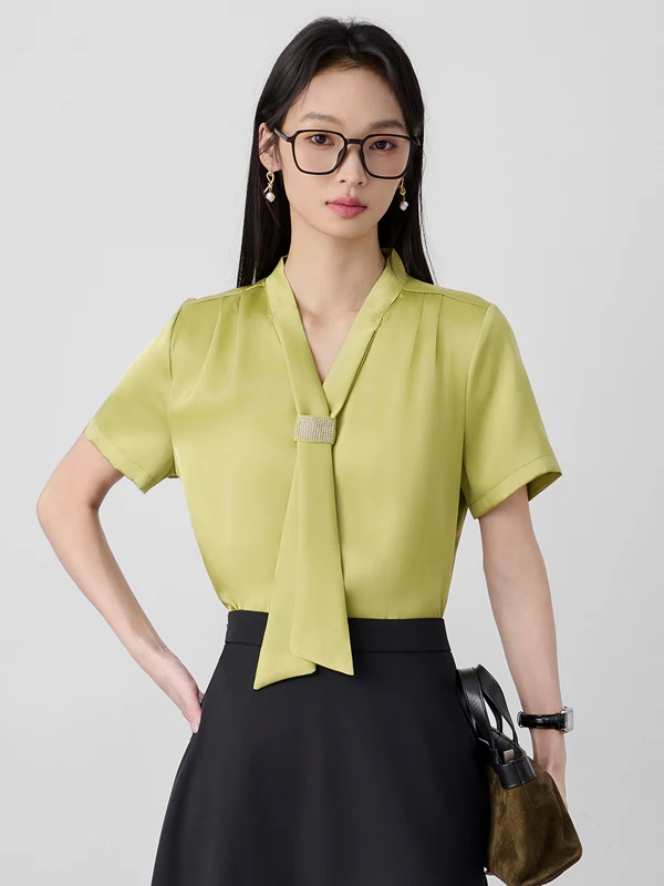 

Casual Versatile Short Sleeve Shirt Women's Spring Summer New Fashion Simple OL Commute Elegant Design Sense Tie Shirt