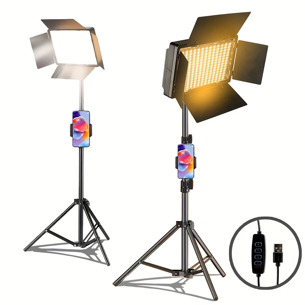 Quadratisches LED-Ringlicht mit verstellbarem Stativständer, USB-betrieben, 3 Farbtemperaturen, Metallständer, für Live-Studiofotografie