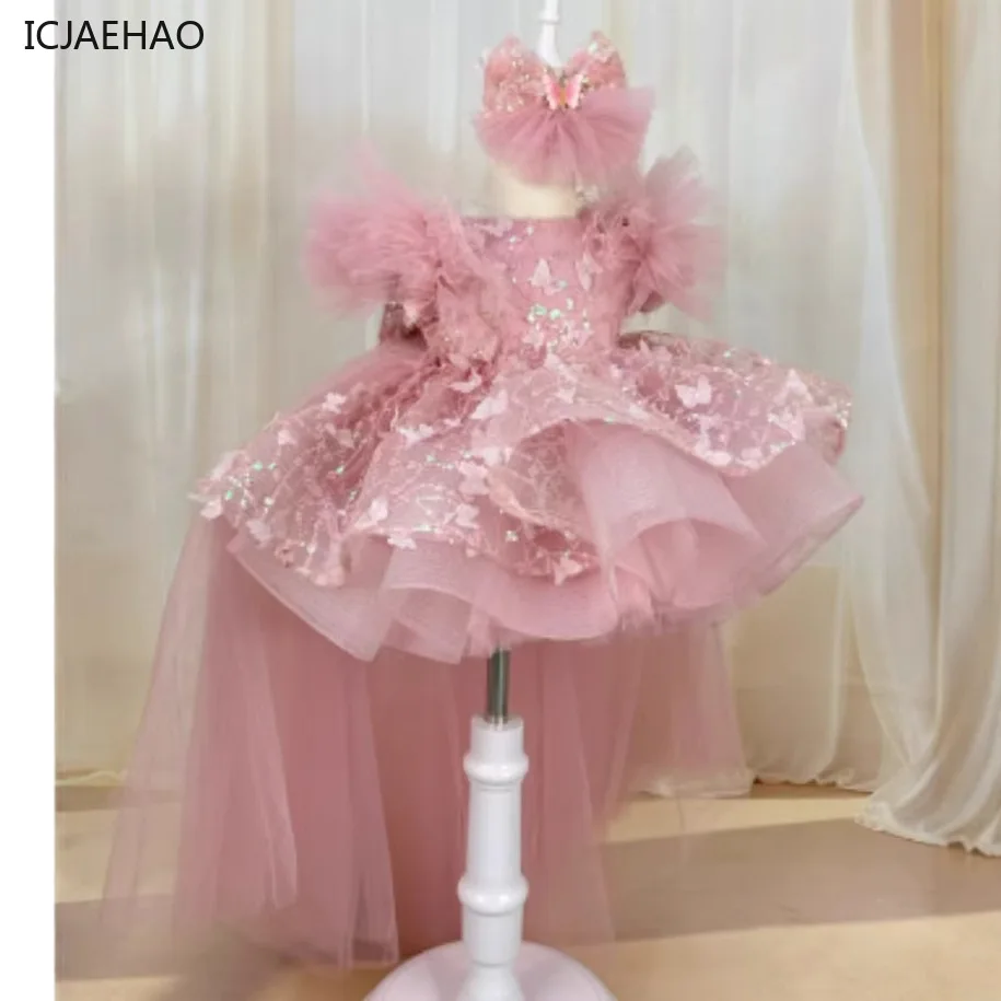 Icjaehao Pink Girl Birthday Dress Bow Sequin Princess Dresses Children Newborns Baby Prom Party Costume Clothes Vestido Trailing