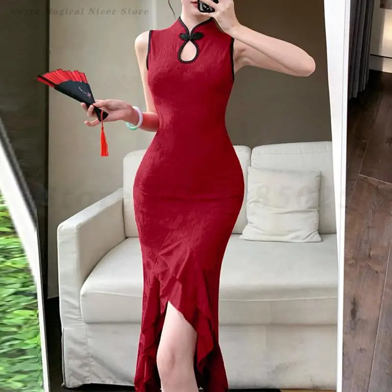 

Красное платье Cheongsam в стиле ретро с рыбьим хвостом, летнее традиционное китайское платье без рукавов, улучшенное жаккардовое Ципао, новые платья в китайском стиле