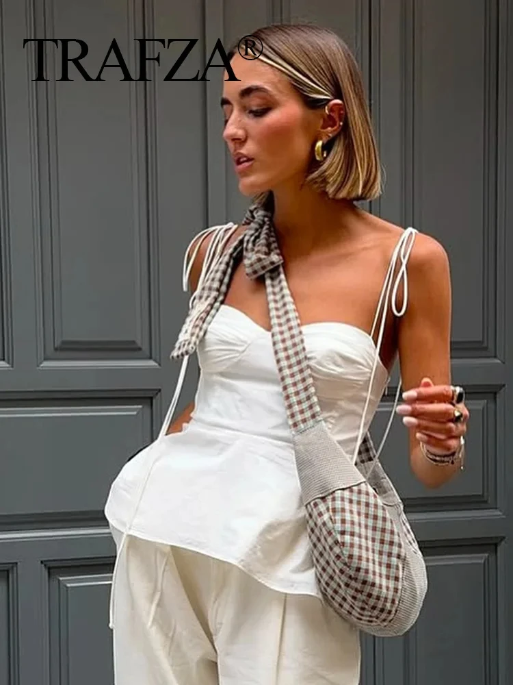 

TRAFZA Women 2025 Fashion Sexy Solid Side Zipper Backless Corset Style Sling Top Female Elegant Sleeveless Pleated Short Top