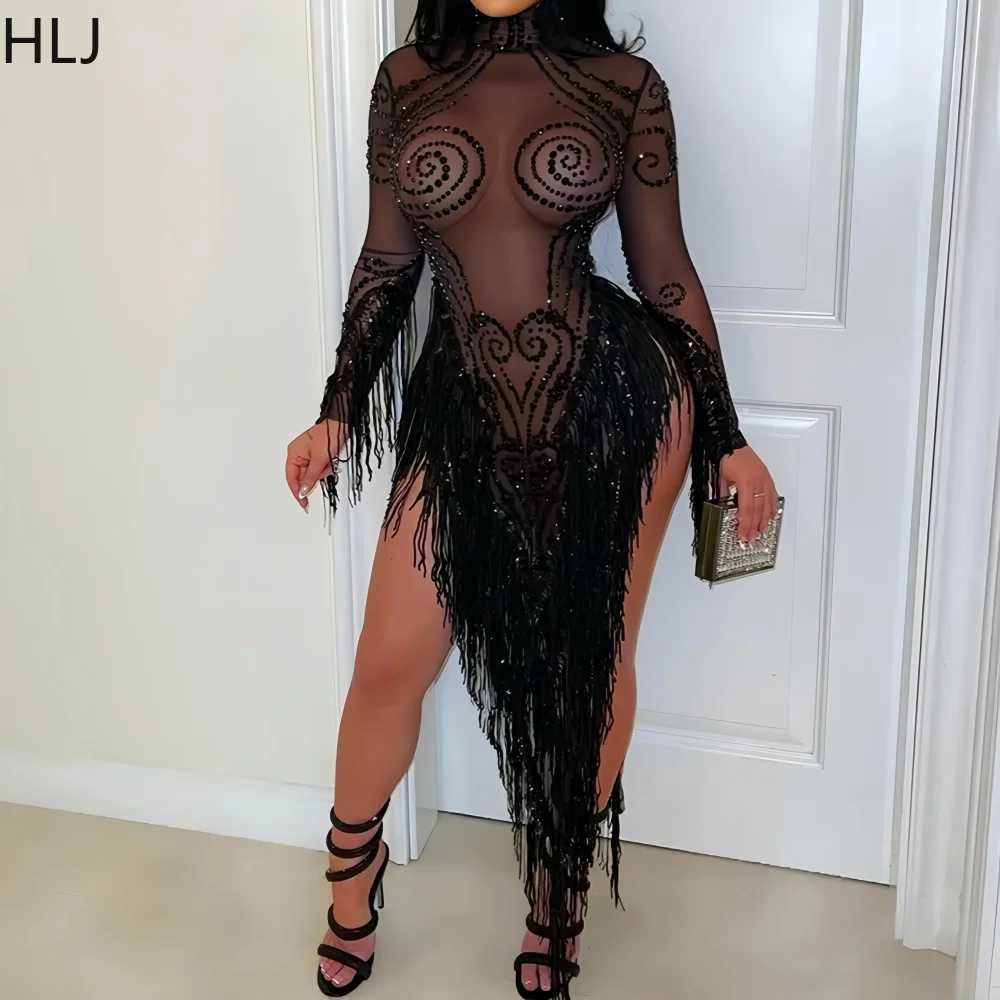 Hlj sexy strass retalhos bodycon vestidos femininos malha ver através irregular borla vestido feminino festa clubwear vestidos novo