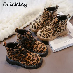 New Leopard Pattern Children Fashion Boots Winter Short Plush Girls Boys Ankle Shoes PU Warm Zip Anti Slip Kids Boots