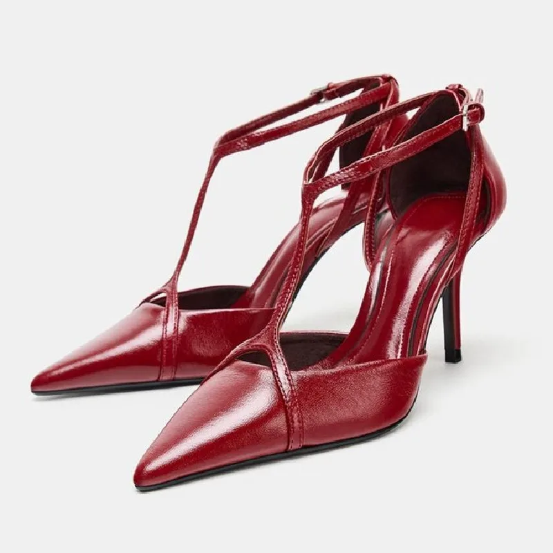 

Sexy Red Patent Leather Pumps Women Luxury Pointed Toe T Strap Designer Shoes Fashion Metal Buckle Ankle Strap High Heel Sandals