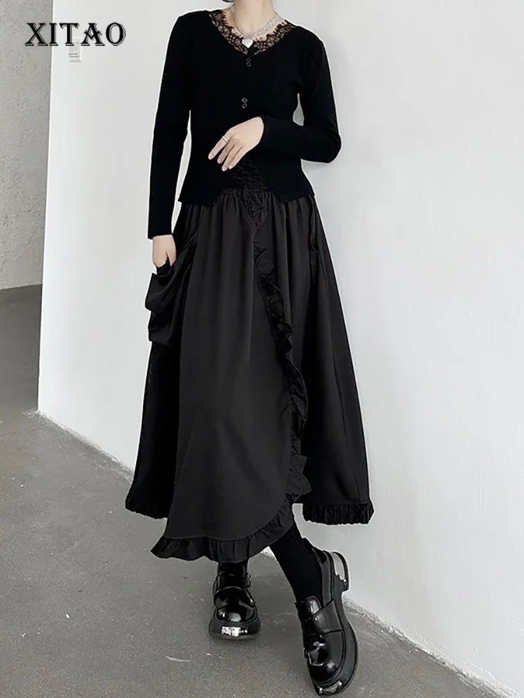 

XITAO Casual A-line Solid Color Mid-calf Loose Fitting Skirt Patchwork Lotus Leaf Edge Pocket Fashion Spring Women Skirt GMM1102