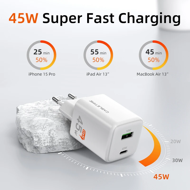 CABLETIME PD Charger GaN 45W PD QC 3.0 Fast Charger USB C Phone Charger Type C Quick Charging for iPhone 16 Pro Macbook Laptop