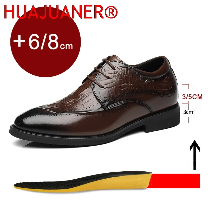 

Genuine Leather Men's Dress Shoes Hidden Heels Elevator Shoes 8CM 6CM Height Increased Shoes For Men Fashion Brown For Wedding