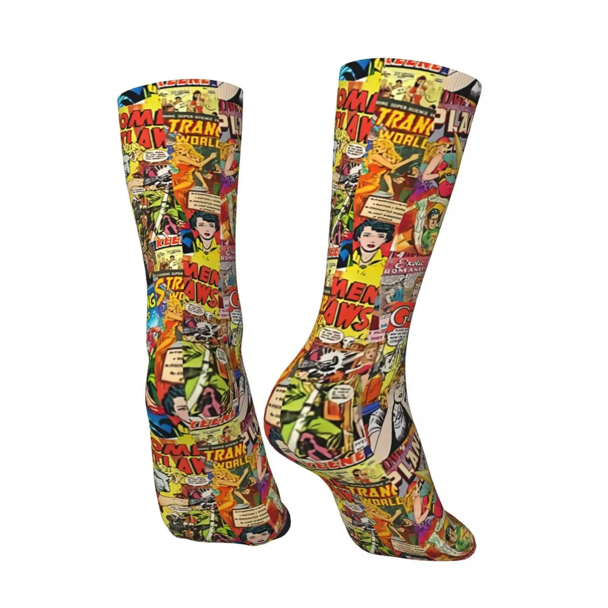 Funny Crazy Sock for Men Vintage Comic Book Collage Hip Hop Vintage Superheroes Pattern Printed Boys Crew Sock Casual Gift