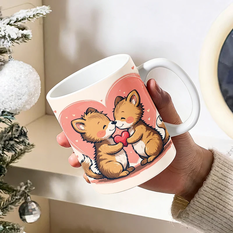 

11oz Cartoon Animal Couple Hugging Heart Ceramic Mug with Handle, Creative Coffee Cup, Insulated Milk Cup, Office Tea Cup