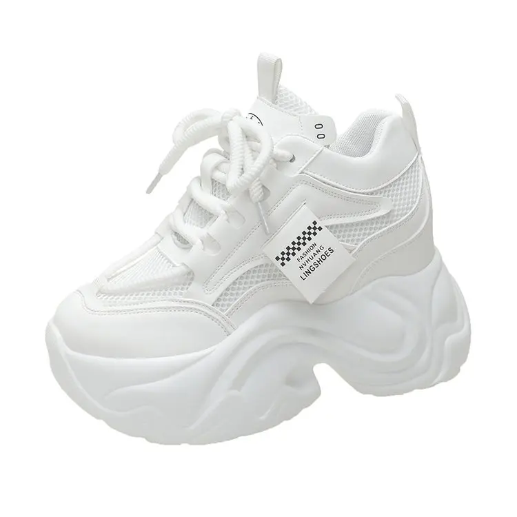 2026 New Chunky Mesh Leather Women Sneaker Solid Color Internal Increase Casual White Ladies Shoes Platform Trainer Jogging Shoe