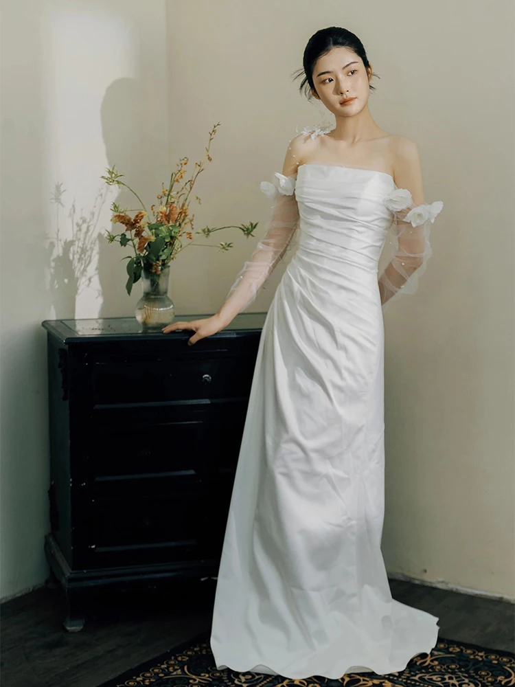 

Элегантное атласное свадебное платье на одно плечо для церемоний на открытом воздухе, простое, с молнией, со средней талией, А-силуэт, юбка А-силуэта