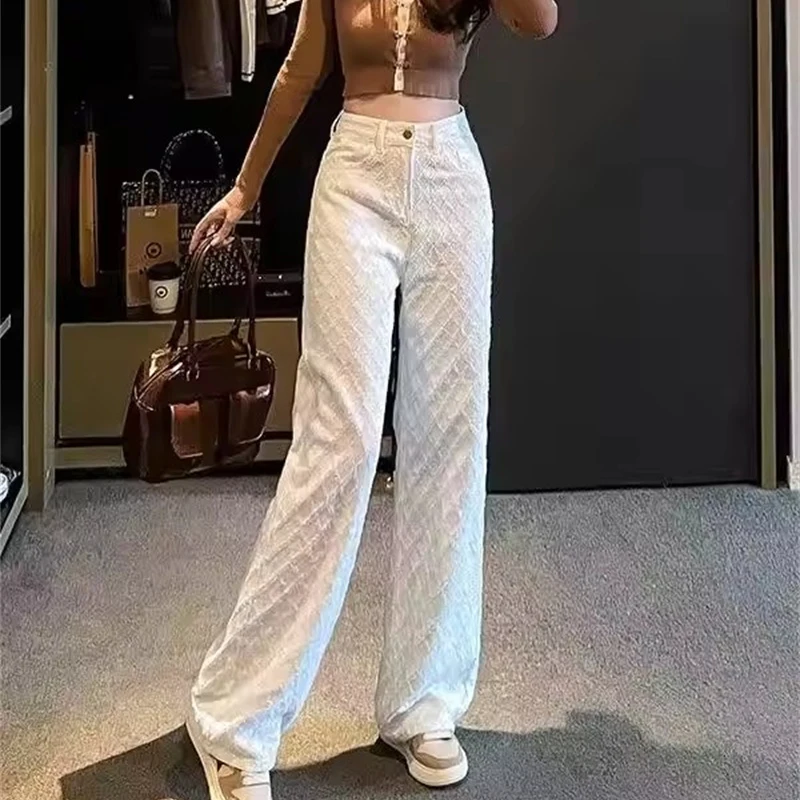 White Wide Leg Jeans Women's Spring Casual Trousers New Embroidery High Waist Loose Slimming Floor-Length Straight Pants Denim