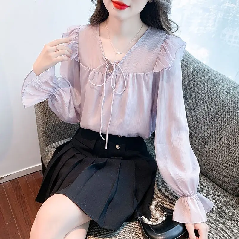 Women Ruffle Lace Up Chic Sweet Blouse Casual Solid V Neck Long Sleeve Fairy Shirt Spring Summer Loose Chiffon Top Female Blusas