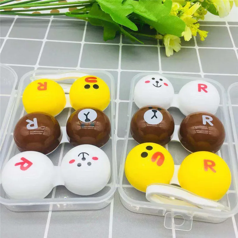 UYAAI 1Set Contact Lenses Container Companion Box Contact Lenses Case For Travel Fashion Yellow Duck Cute Bear Rabbit Makeup