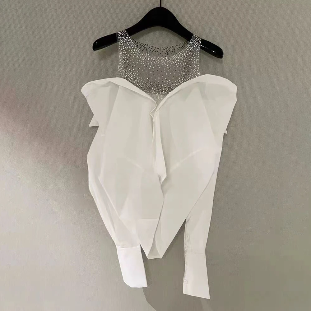 

French autumn temperament mesh stitching long-sleeved off-the-shoulder sexy shirt two high-end design tops shoulder shirt