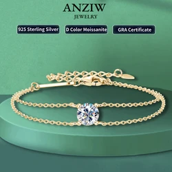 Anziw Real 925 Silver Double Chain Bracelet 6.5mm 1.0ct D Color Moissanite Bracelets With GRA Certificate Jewelry for Women Gift