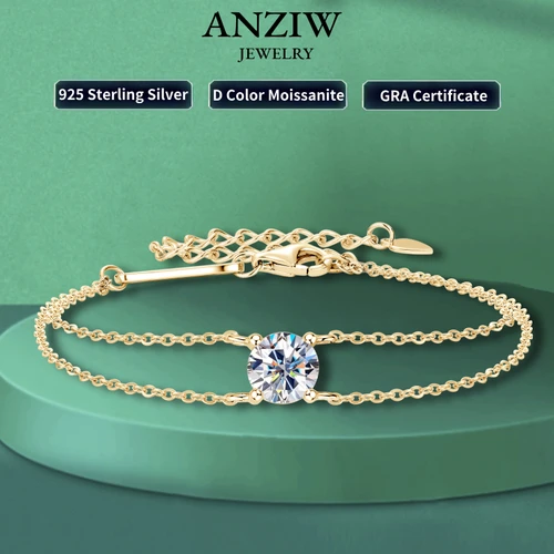 Anziw 진짜 925 실버 더블 체인 팔찌, GRA 인증 주얼리, 여성용 선물, 1.0ct D 컬러 모이사나이트 팔찌, 6.5mm 