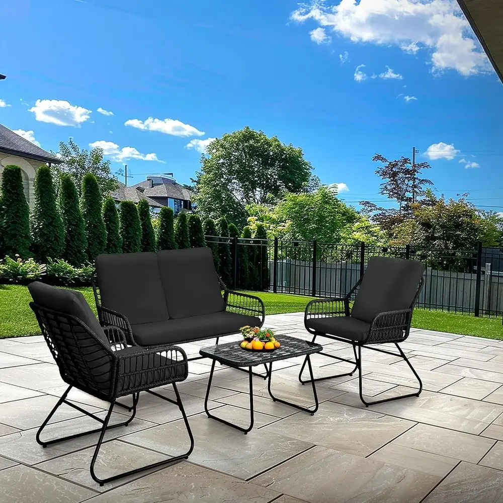

Black Rattan Outdoor Patio Furniture Set with Loveseat and Coffee Table for Garden and Balcony