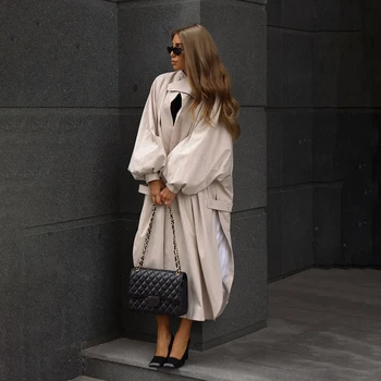 Women's Autumn Long Trench Coat Stand Collar Button Batwing Sleeves Side Slit Oversized…