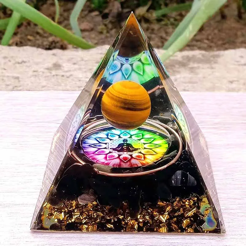 

Orgone Energy Orgonite Pyramid Obsidian Yellow Tiger Ball Healing Natural Crystal Reiki Chakra Generator Meditation