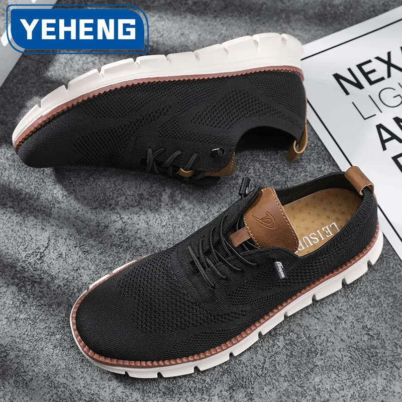 New Autumn Casual Knitted Mesh Men\'s Shoes Solid Shallow Lace Up Lightweight Soft Sneakers Shoes Breathable Man Footwear Flats