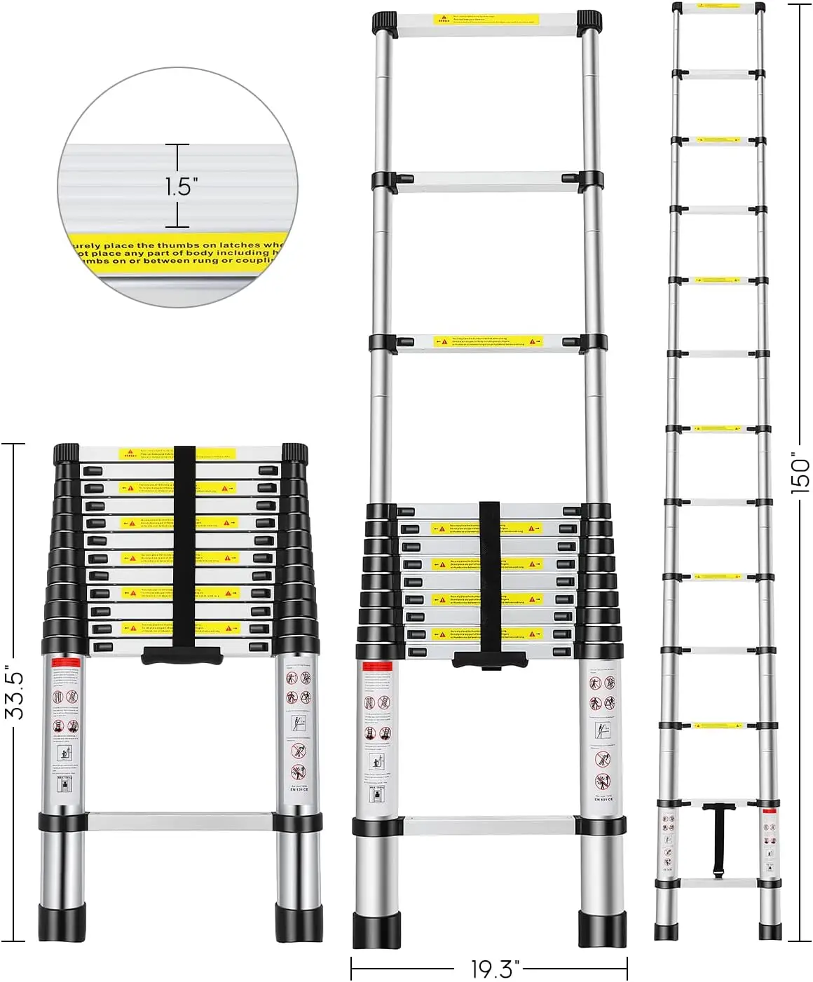 บันได, บันไดขยายอลูมิเนียม 12.5FT พร้อมการเปลี่ยนฝาครอบยางกันลื่น 2 ชิ้น, บันไดยืดไสลด์แบบพกพาอเนกประสงค์ f