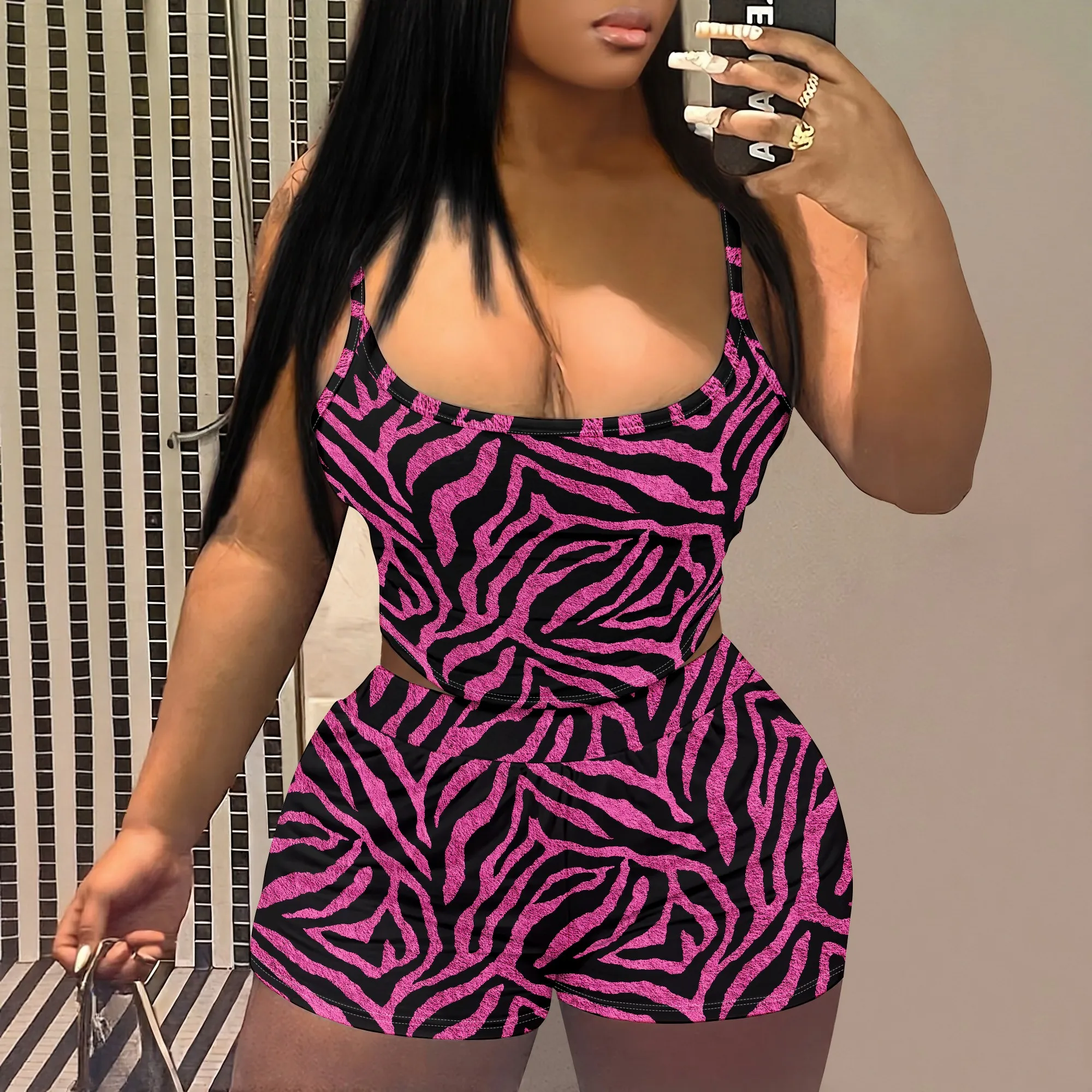 Pink Zebra Print Set, Cami Top And Shorts Outfit, Sexy Two Piece Lounge Wear, Summer Vacation Clothes For Women, S-2XL
